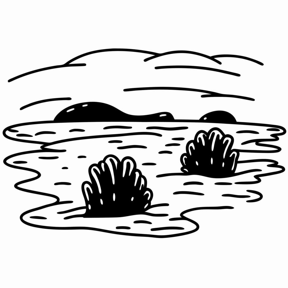 Illustration of small pond landscape with bushes and clouds in serene nature scene vector