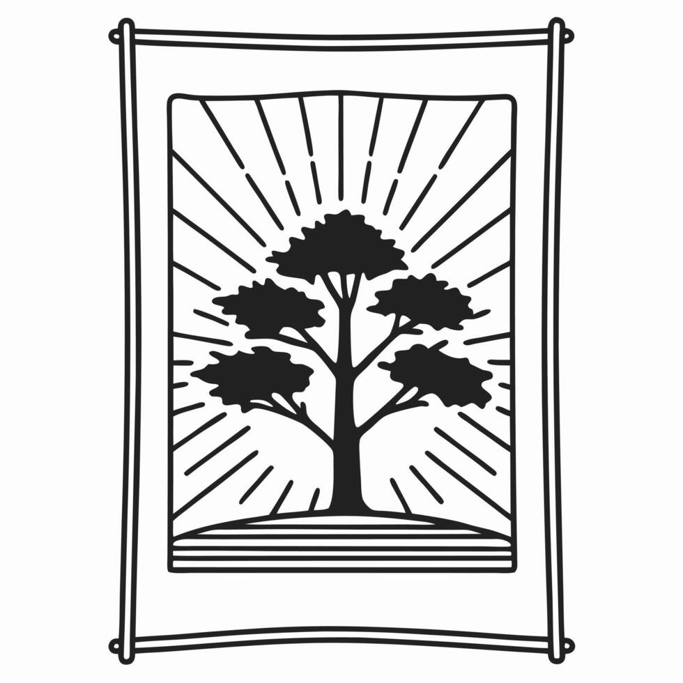 Minimalist tree line art poster with radiating lines in black and white vector