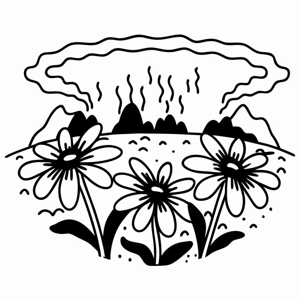 Line art landscape with blooming flowers, mountains, and cloudy sky in nature scene vector