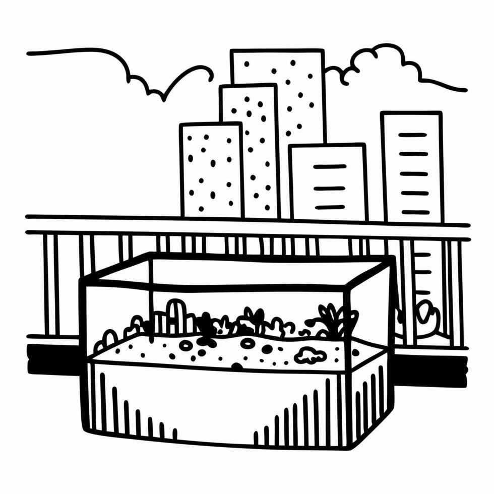 Urban rooftop garden sketch city buildings view with greenhouse, sustainable architecture and greenery vector