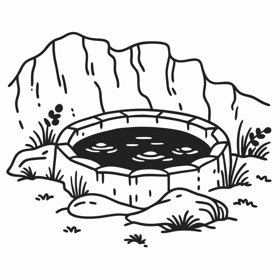 Desert oasis illustration water pool amidst rocky landscape, nature and survival vector