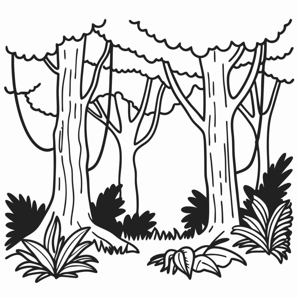 Line art forest landscape with tall trees and underbrush vector