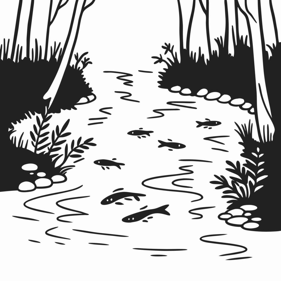 black and white river illustration with fish swimming, surrounded by trees and plants vector