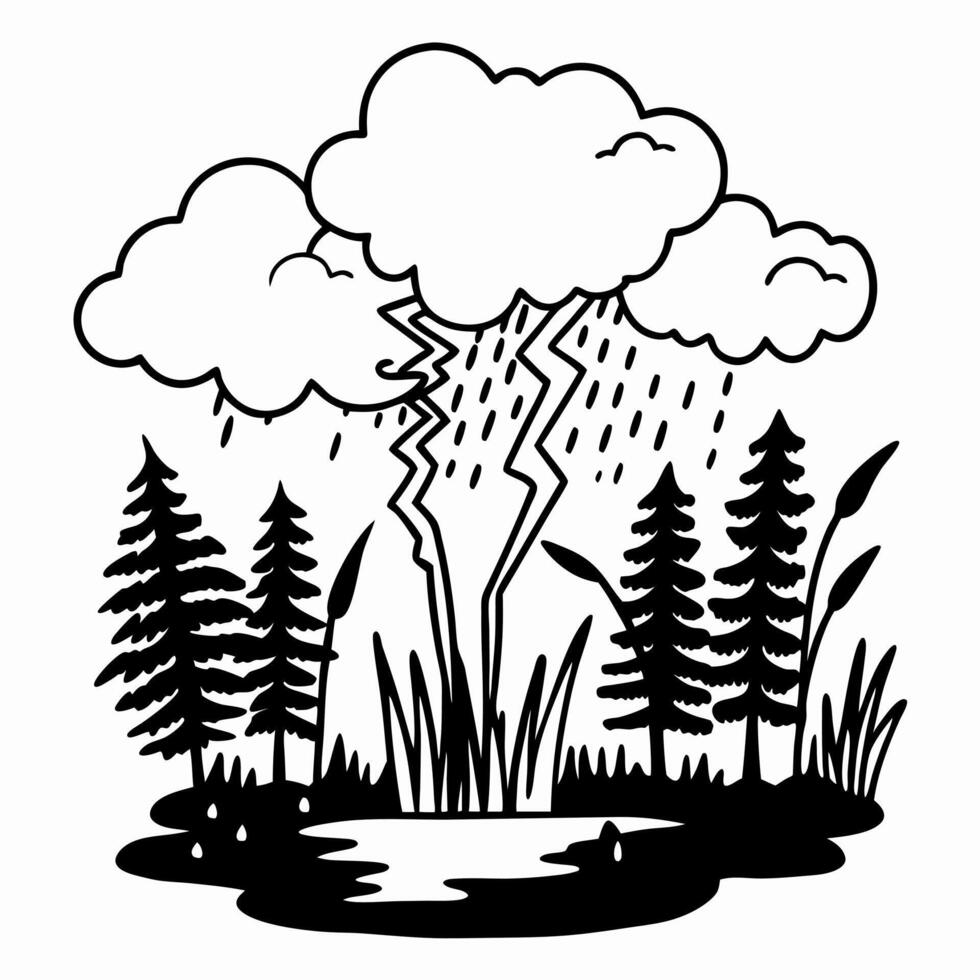 thunderstorm over pond scene with rain and lightning forest landscape, trees and cloud black and white illustration vector