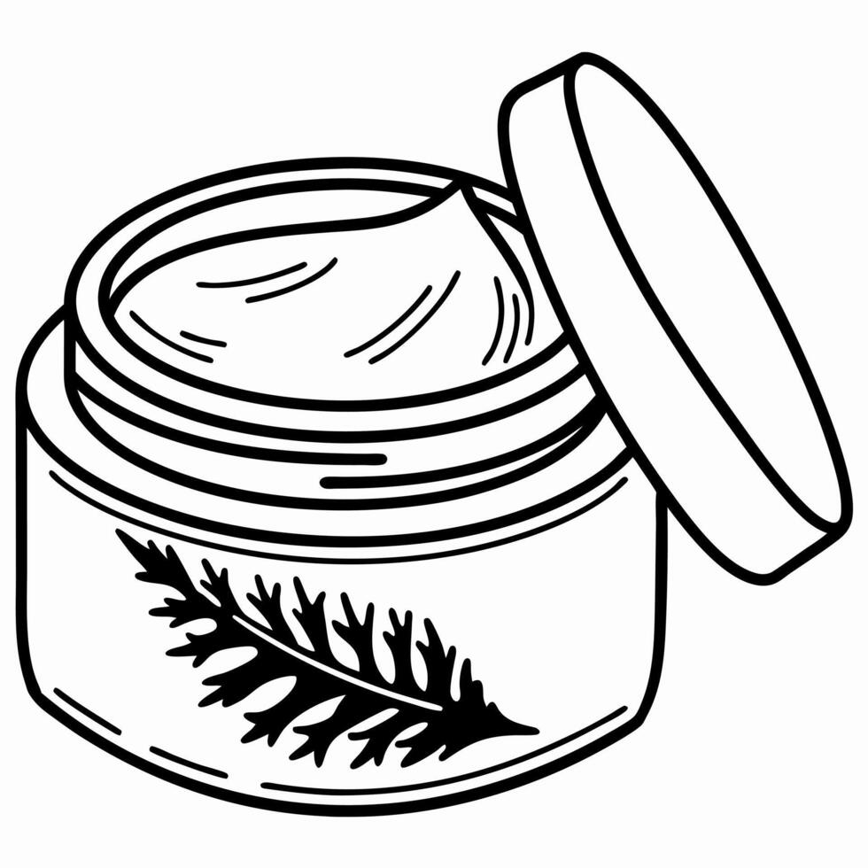 Open skincare cream jar with botanical leaf design, smooth moisturizing texture for beauty care vector