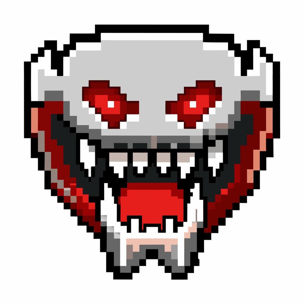 Pixel Art Vampire Skull with Red Eyes and Fangs Retro Gaming Icon vector