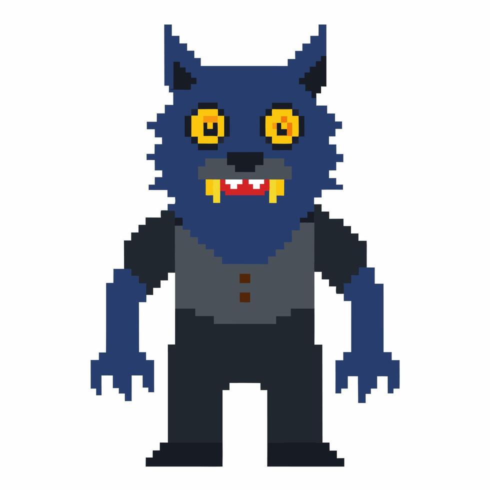 Pixel Art Blue Werewolf Character Design with Yellow Eyes and Sharp Teeth vector