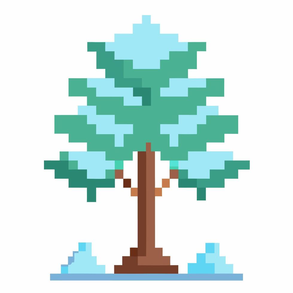 Pixel Art Evergreen Tree with Snow Winter Themed 8 bit Illustration vector