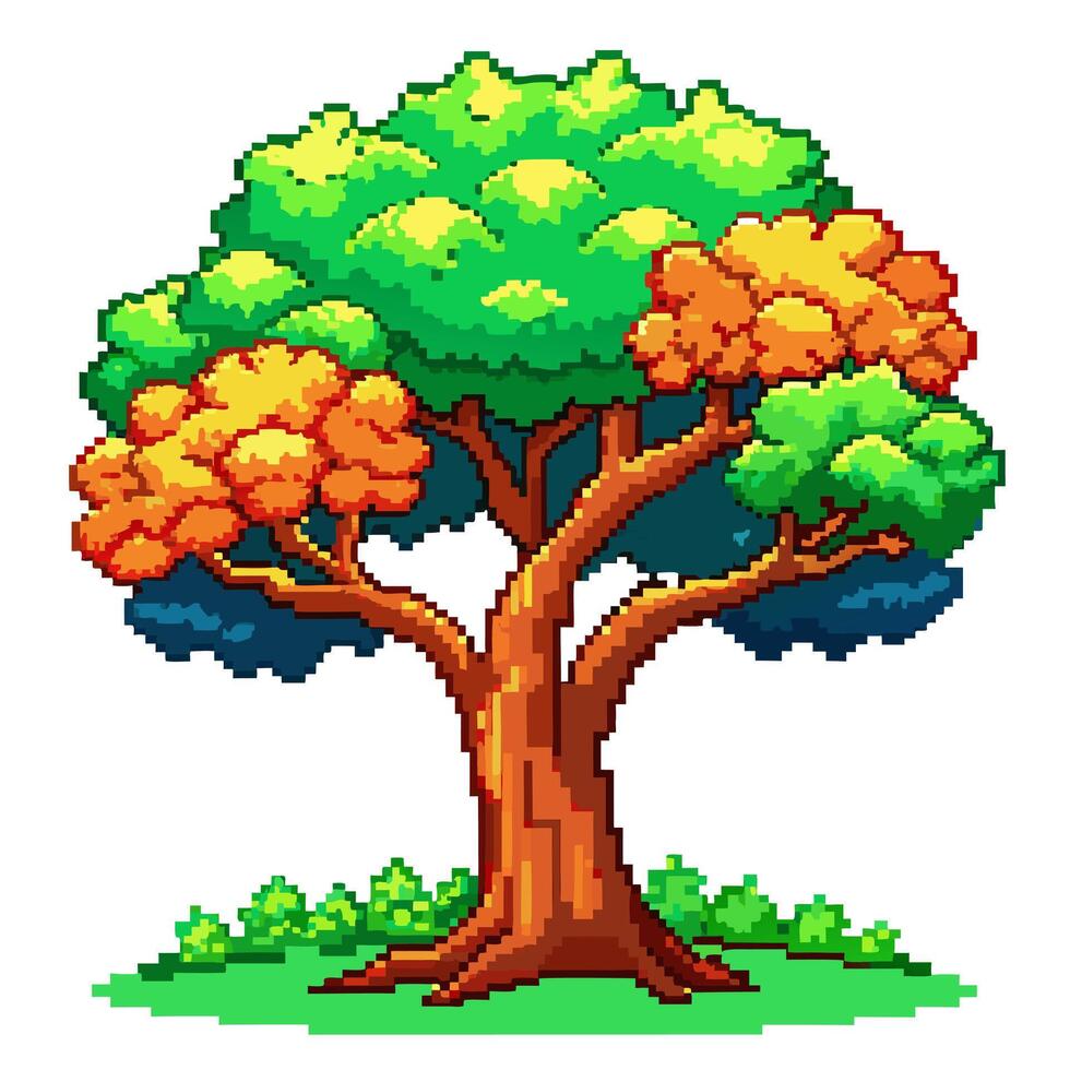 Vibrant Pixel Art Tree with Multicolored Foliage in 8 Bit Style vector