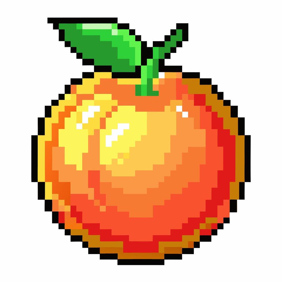 Retro 8 Bit Pixel Art Orange Fruit with a Green Leaf on 16 Bit Style Background vector