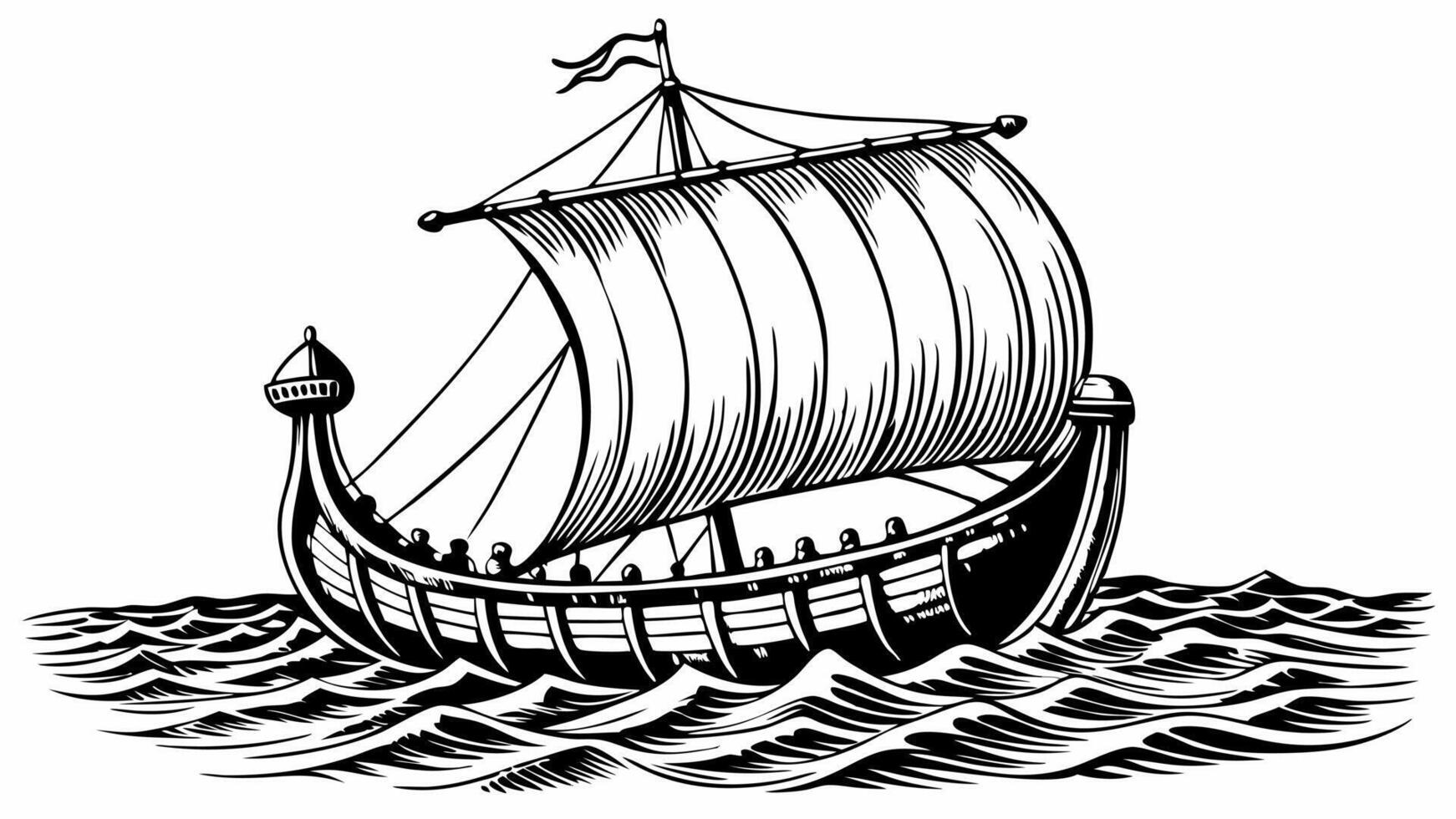 Vintage Viking Ship Illustration with Detailed Sails and Ocean Waves vector