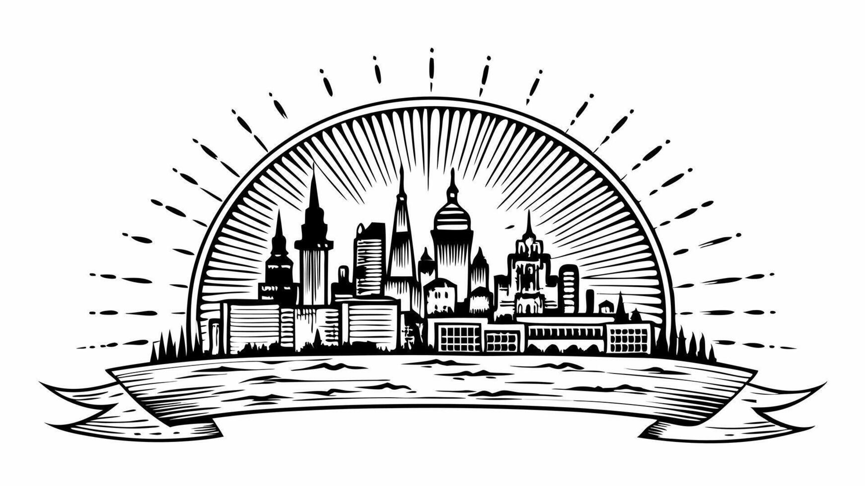 Vintage Cityscape Skyline with Sunburst and Banner Illustration vector