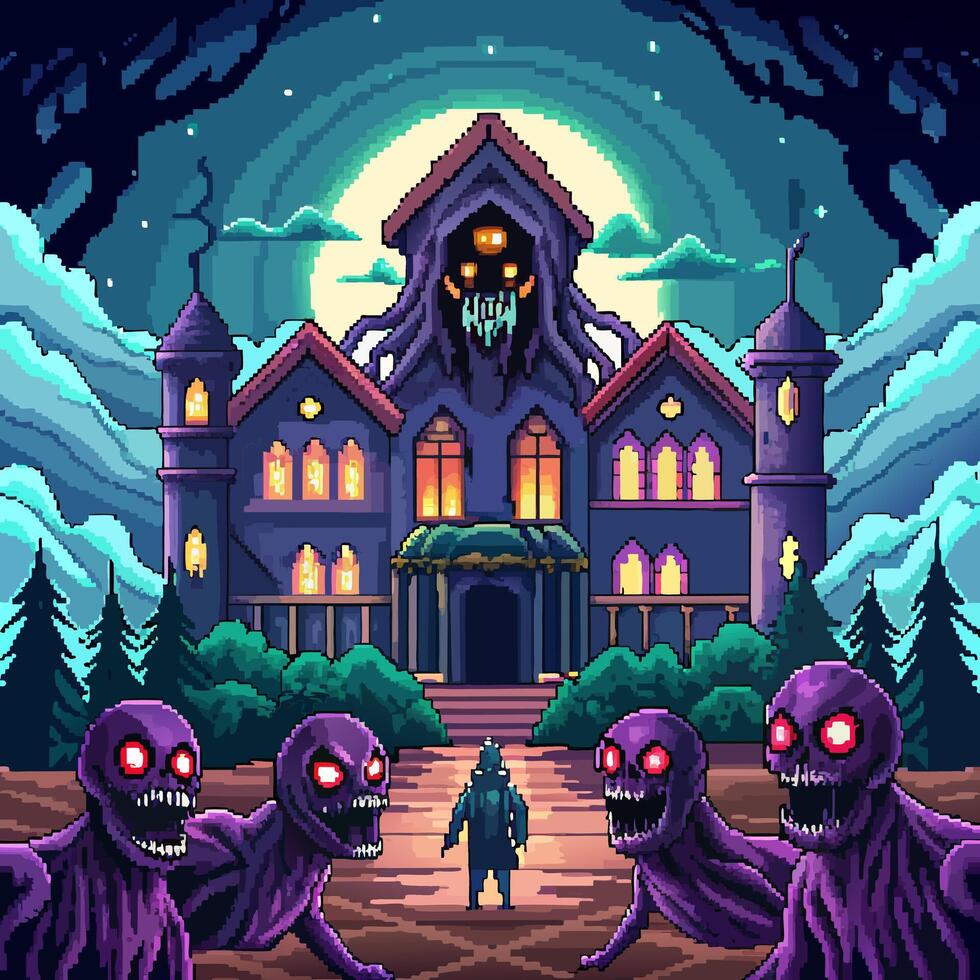 Pixel Art Haunted Mansion with Ghosts and Night Sky for Retro Horror Gaming vector