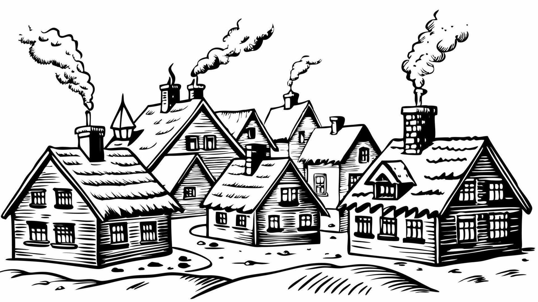 Vintage Winter Village Scene with Snowy Roofs and Smoky Chimneys vector