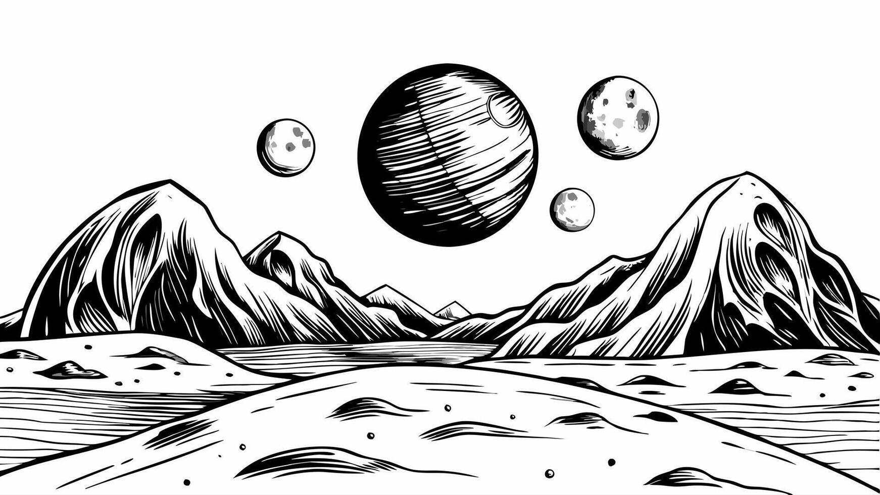 Surreal Planetary Landscape with Floating Spheres and Mountainous Terrain Illustration vector
