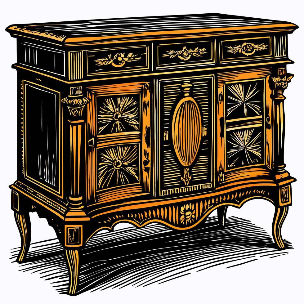 Antique Wooden Cabinet Illustration with Vintage Carvings vector