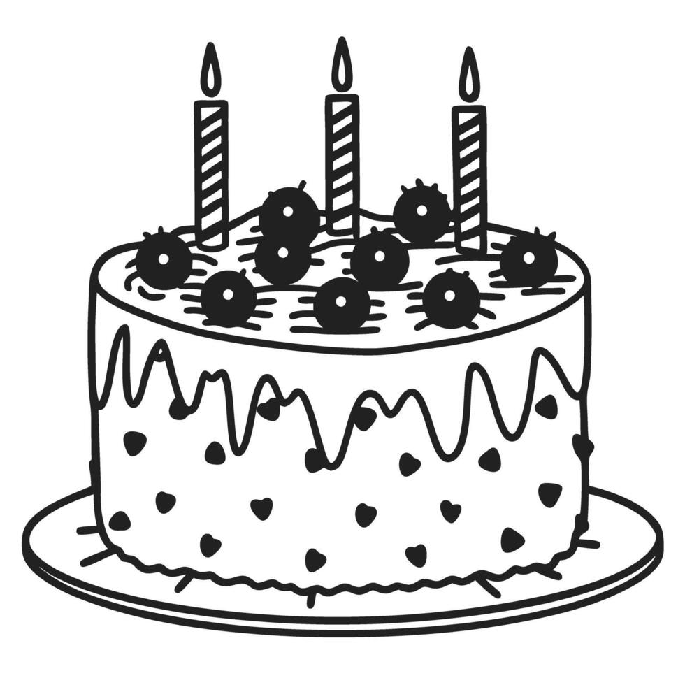 Black and white birthday cake with berries and candles illustration vector