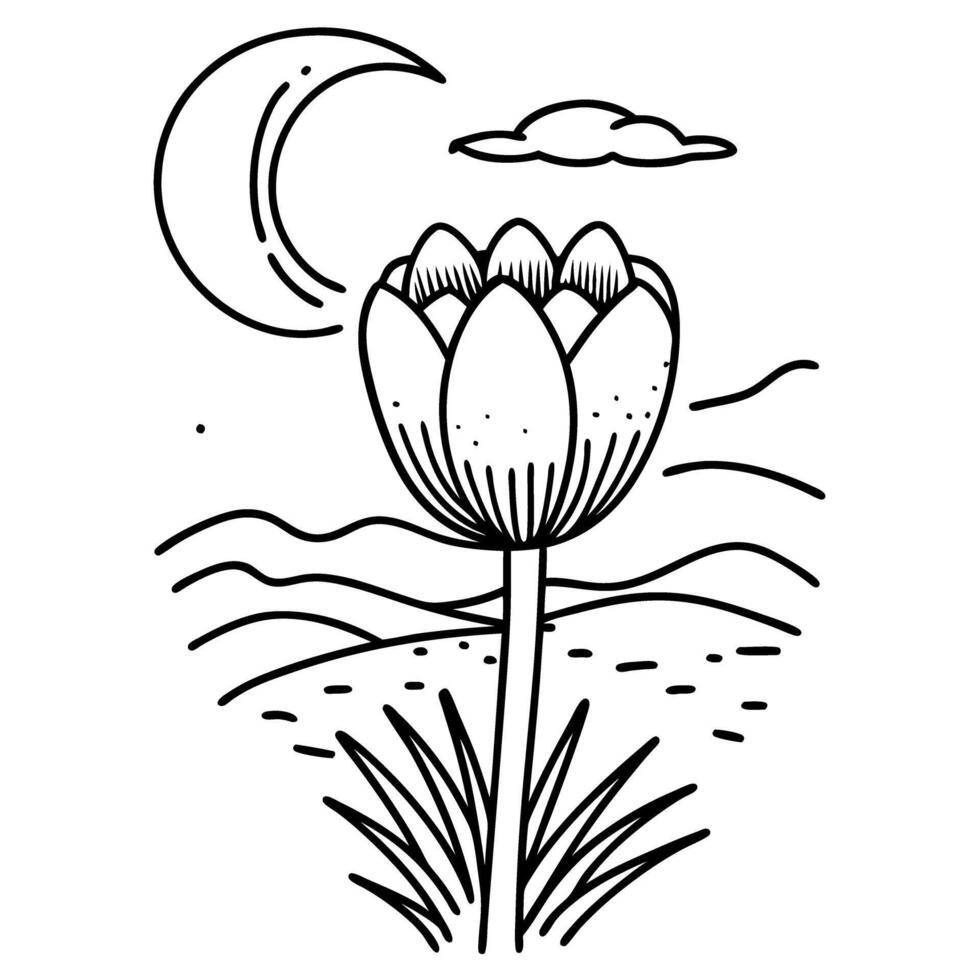 Elegant night scene with flower, moon, and rolling hills in black and white line art vector