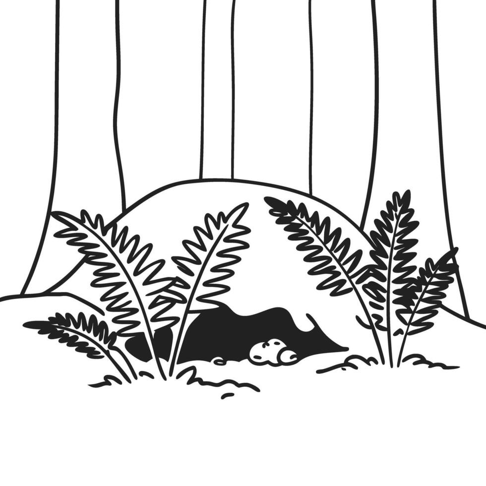 forest landscape with a cozy black bear sleeping among ferns and tall trees tranquil nature scene in wilderness vector