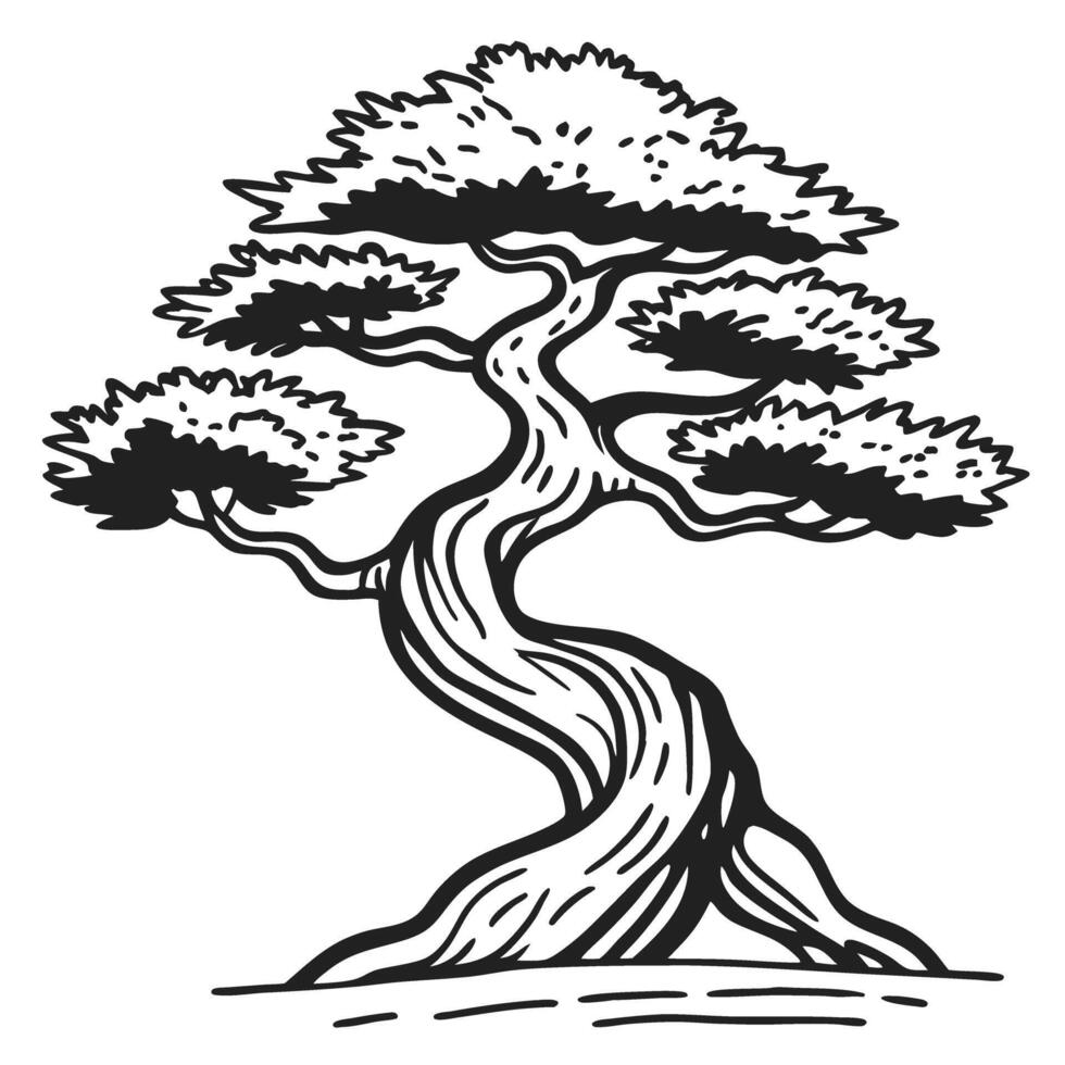 artistic black and white illustration of bonsai tree detailed lines capturing elegance, nature, and tranquility vector