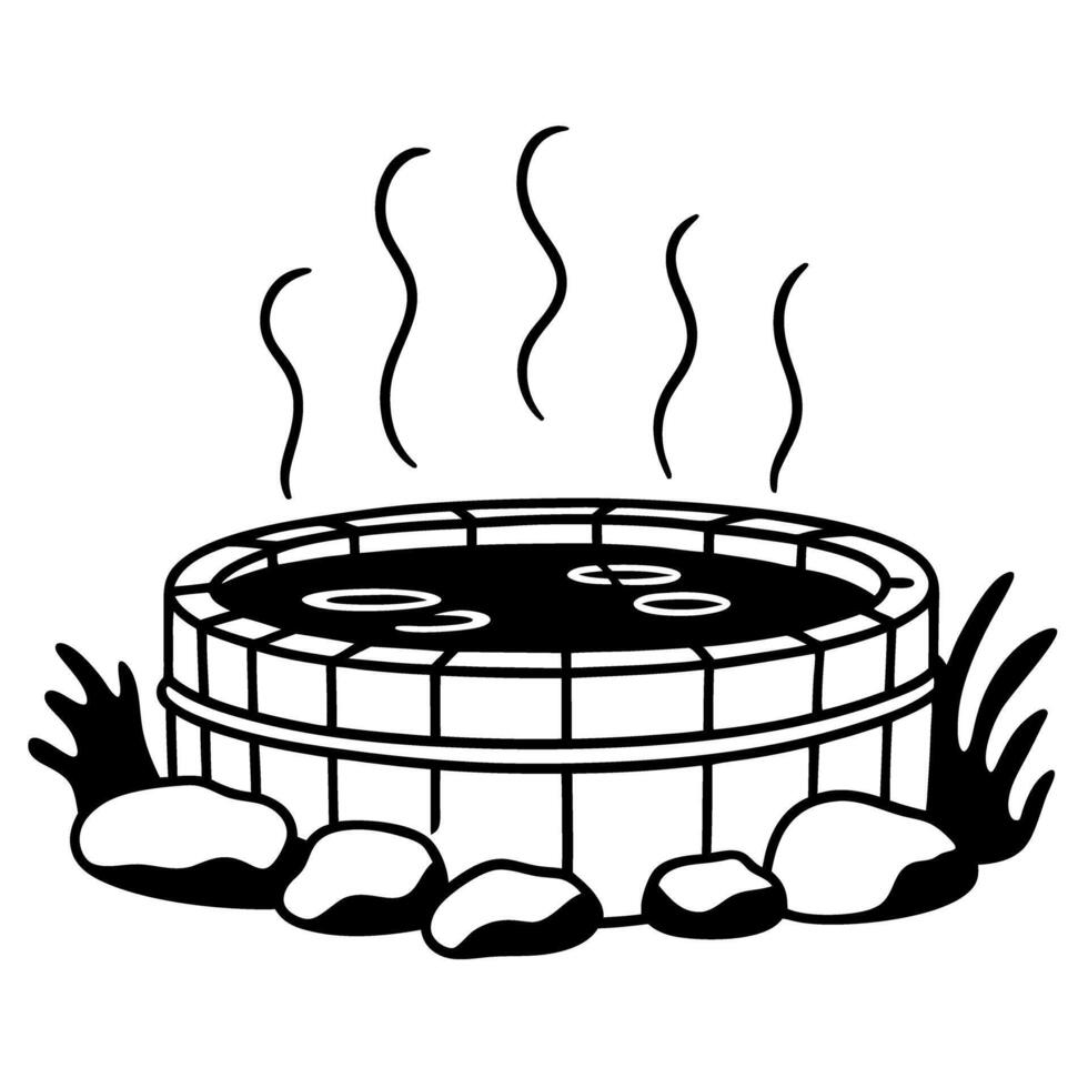 Outdoor wooden hot tub with steaming water and rocks in natural setting vector