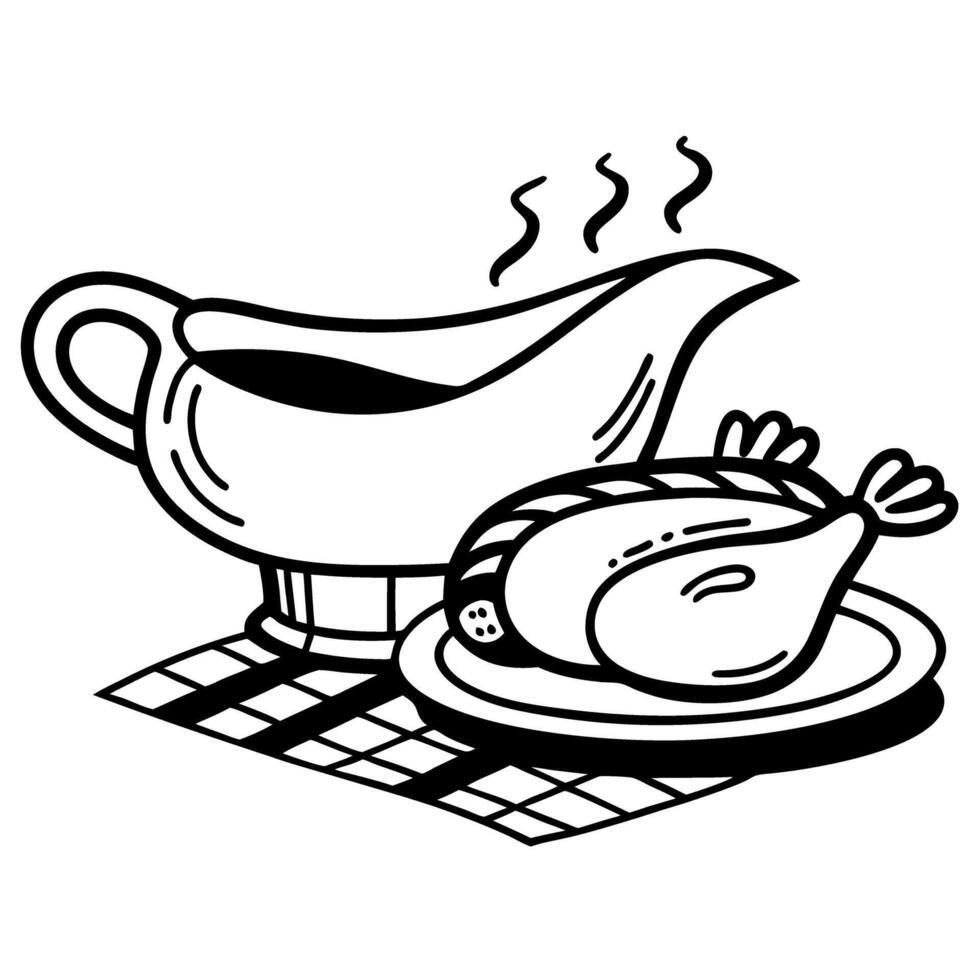 steaming gravy boat and roasted turkey holiday meal preparation, warm family gatherings, comfort cooking vector