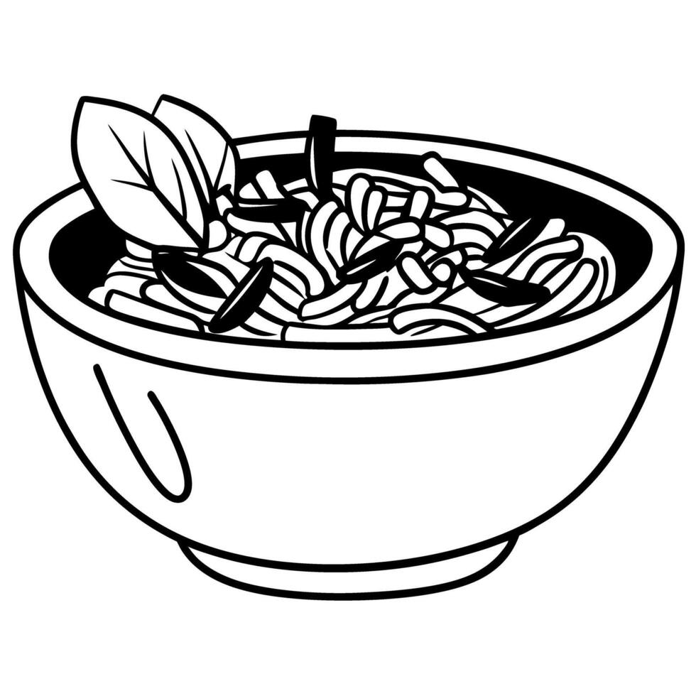 bowl of noodles with basil and vegetables simple black and white line drawing of pasta dish vector