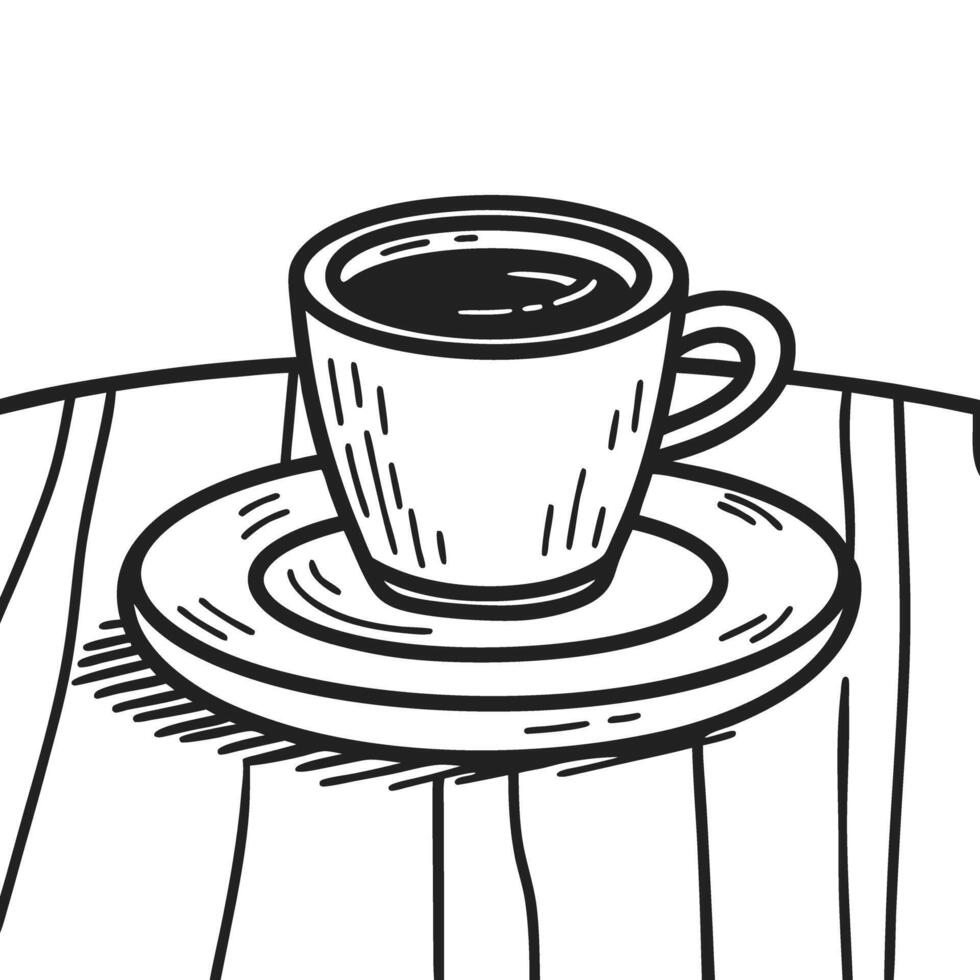 simple black and white line drawing of a coffee cup on a wooden table vector