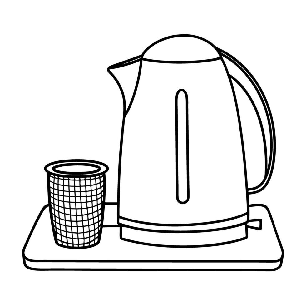 electric kettle and cup on tray modern kitchen appliance with handle and spout, minimalistic design vector