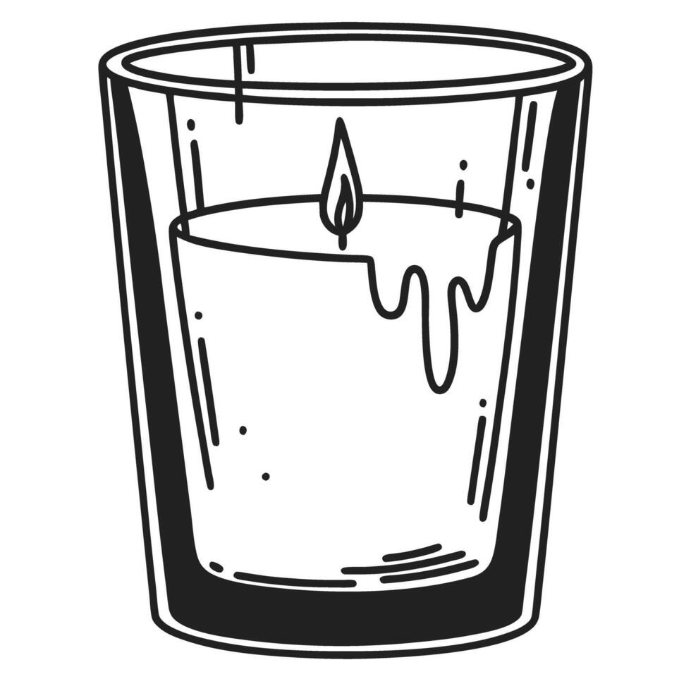 Black and white illustration of a lit candle in a glass container vector