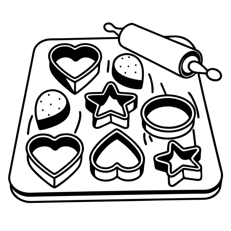 rolling pin and cookie cutters on baking sheet heart and star shapes for holiday baking fun vector
