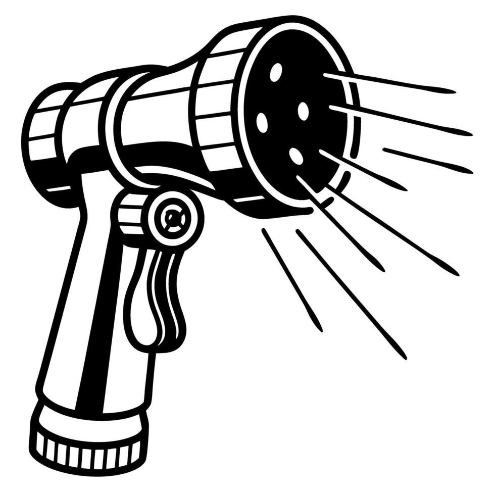 Black and white garden hose nozzle illustration, water spray, irrigation equipment design vector