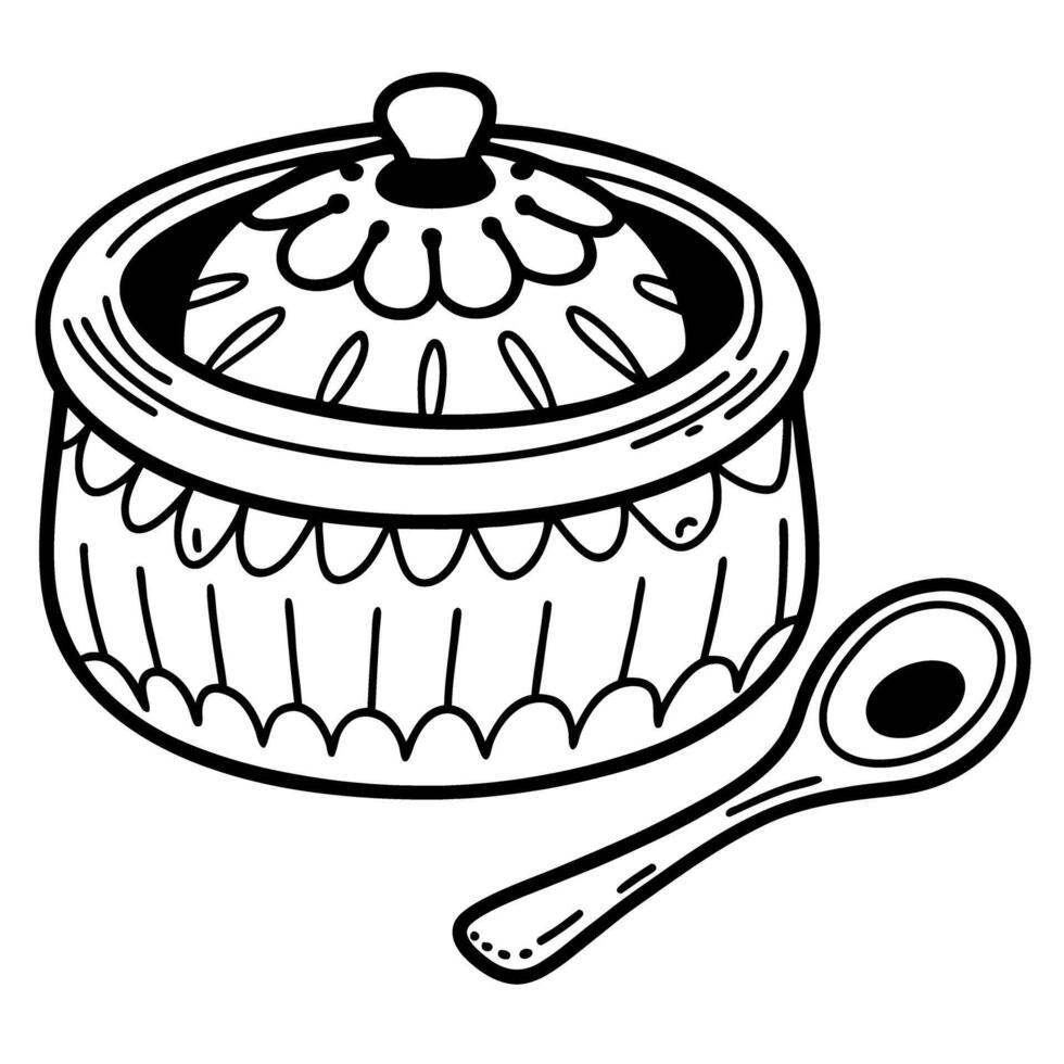 ornate ceramic pot with spoon, hand drawn illustration decorative vintage kitchenware for cooking vector