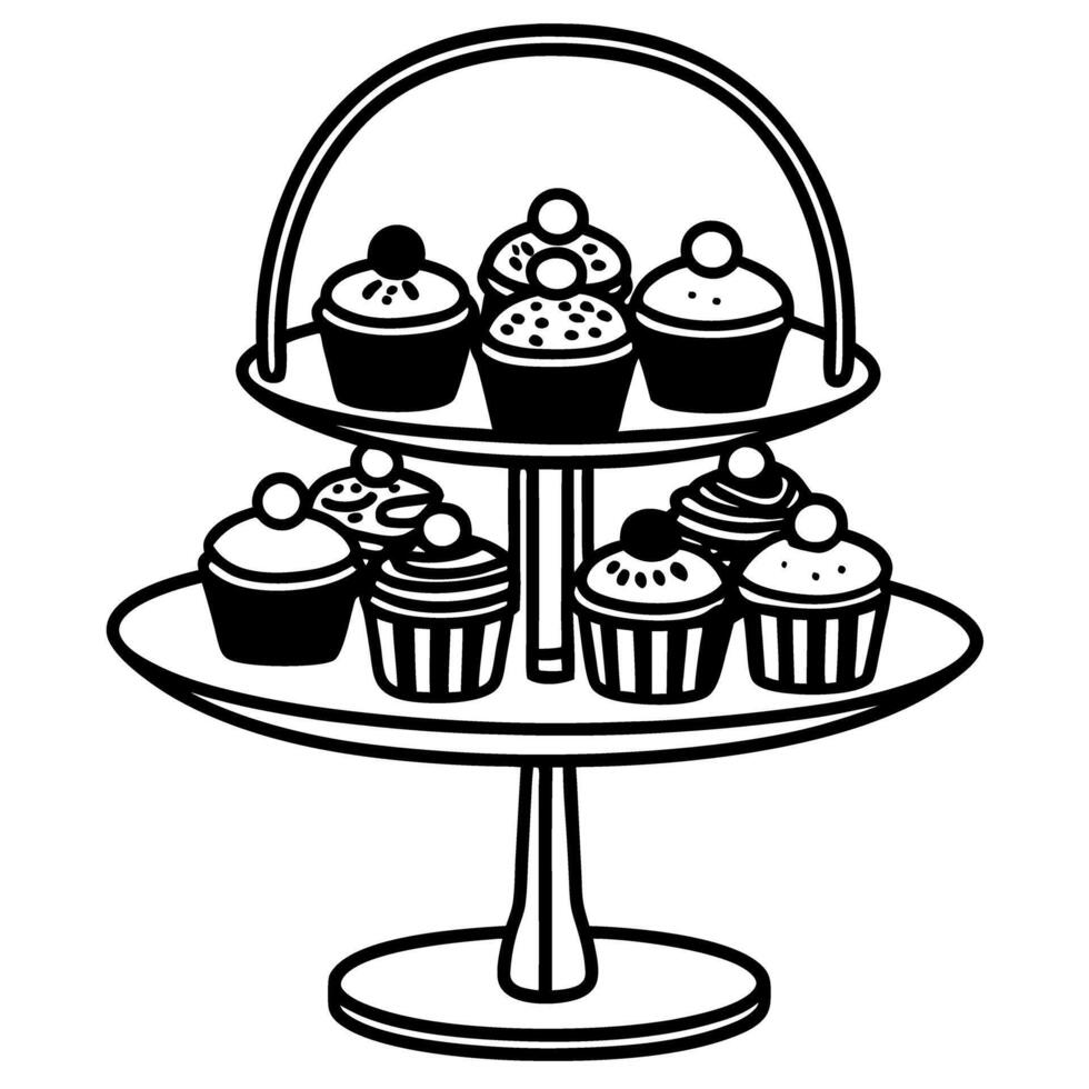 assorted cupcakes on a tiered stand black and white illustration of sweet treats, dessert platter vector