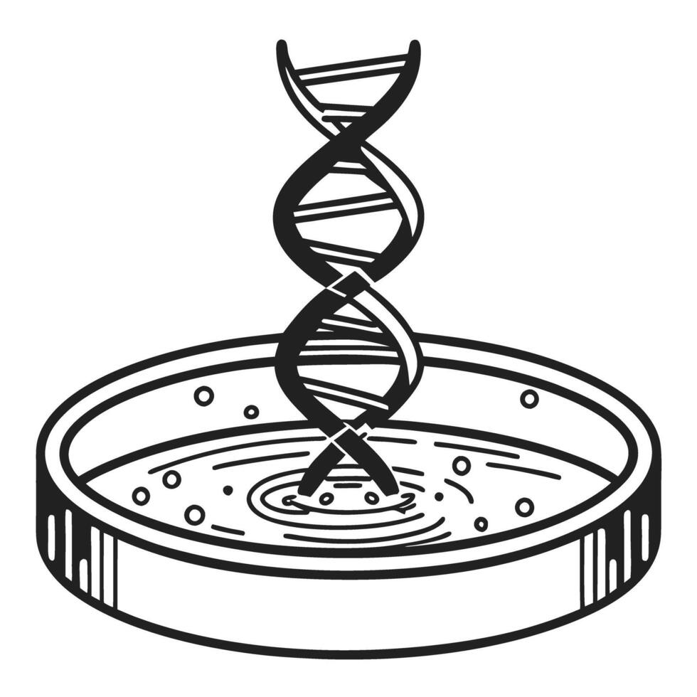 dna helix emerging from petri dish genetic research, biotechnology experiment illustration vector