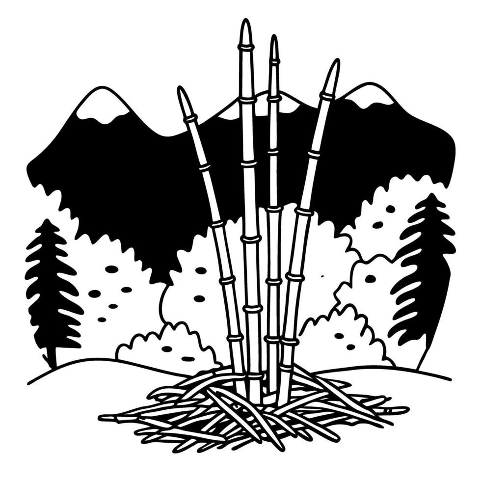 Bamboo forest with mountains and pine trees in black and white landscape artwork vector