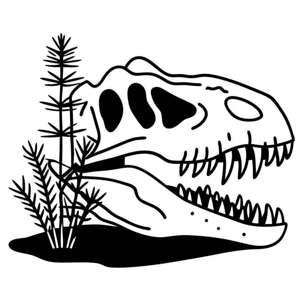 Tyrannosaurus rex skull fossil outline with prehistoric plant illustration vector
