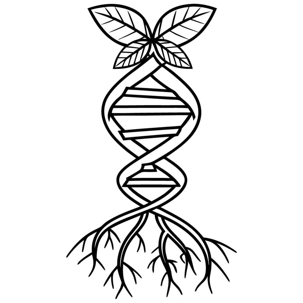 dna helix plant growth fusion, genetic engineering concept leaves, roots intertwined with nature and science vector