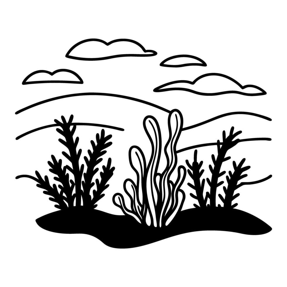 Stylized landscape with abstract plants and clouds, black and white line art illustration vector