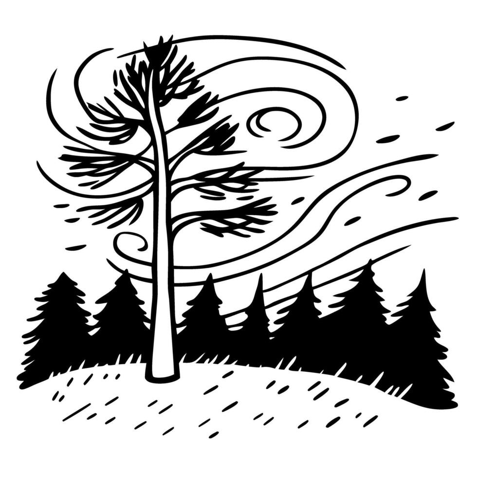Windy forest scene pine tree swaying in breeze, nature's movement black and white landscape vector