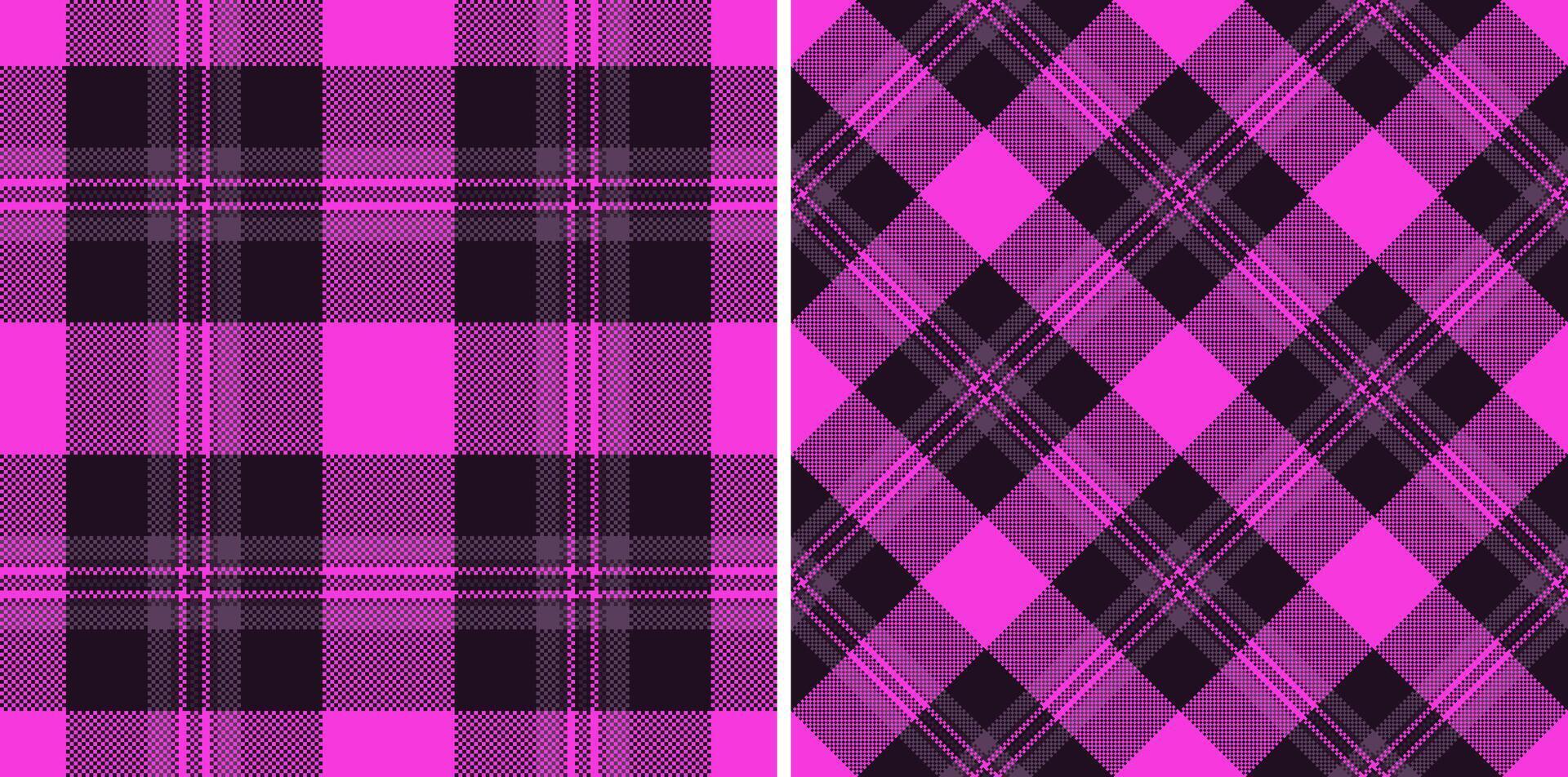 Vibrant pink and black plaid patterns, perfect for fashion, textile, and web design. These seamless textures offer a bold, stylish aesthetic, ideal for creating eyecatching visuals. vector