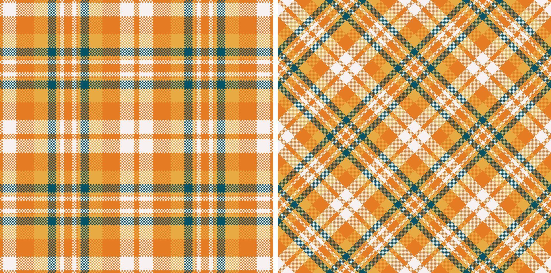 Two vibrant autumnal plaid patterns in warm orange, teal, and white. Perfect for fallthemed designs, textile prints, and crafting projects. vector