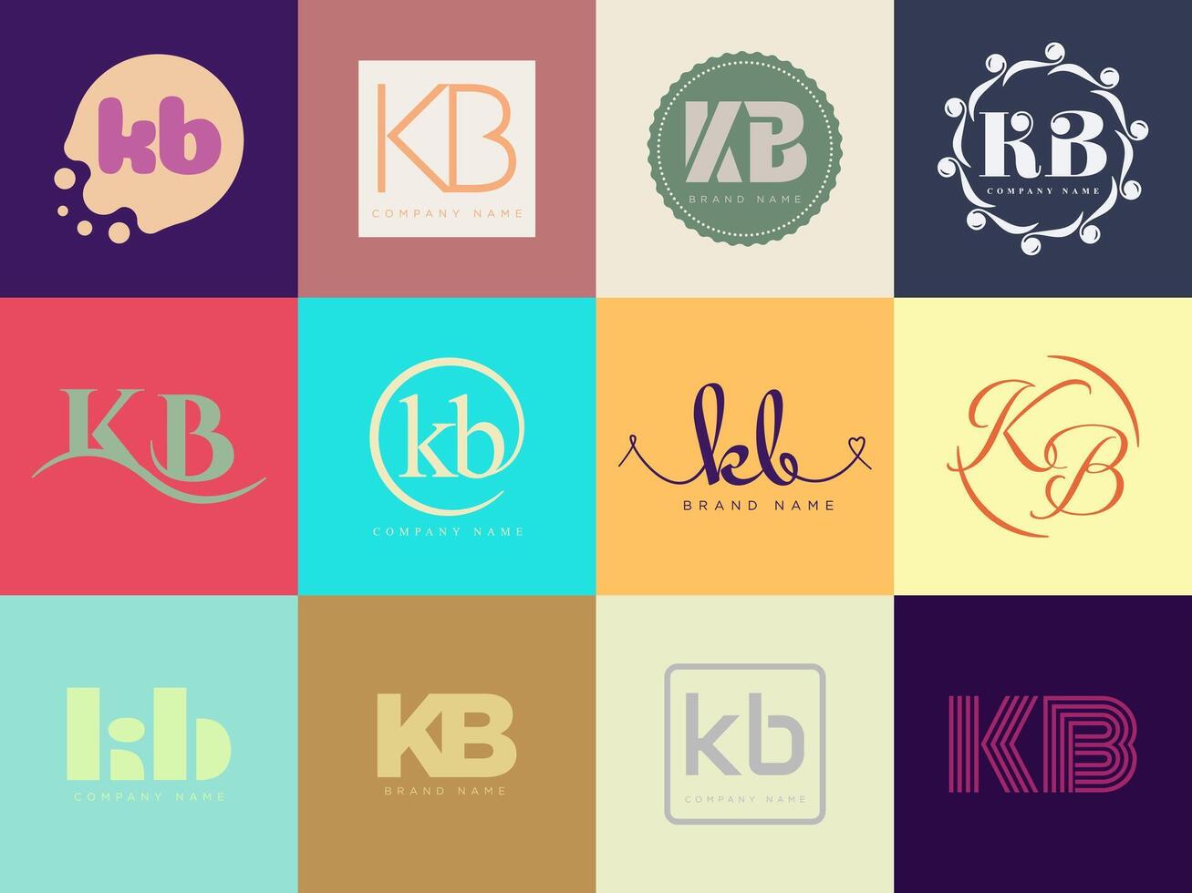 KB logo company template. Letter k and b logotype. Set different classic serif lettering and modern bold text with design elements. Initial font typography. vector