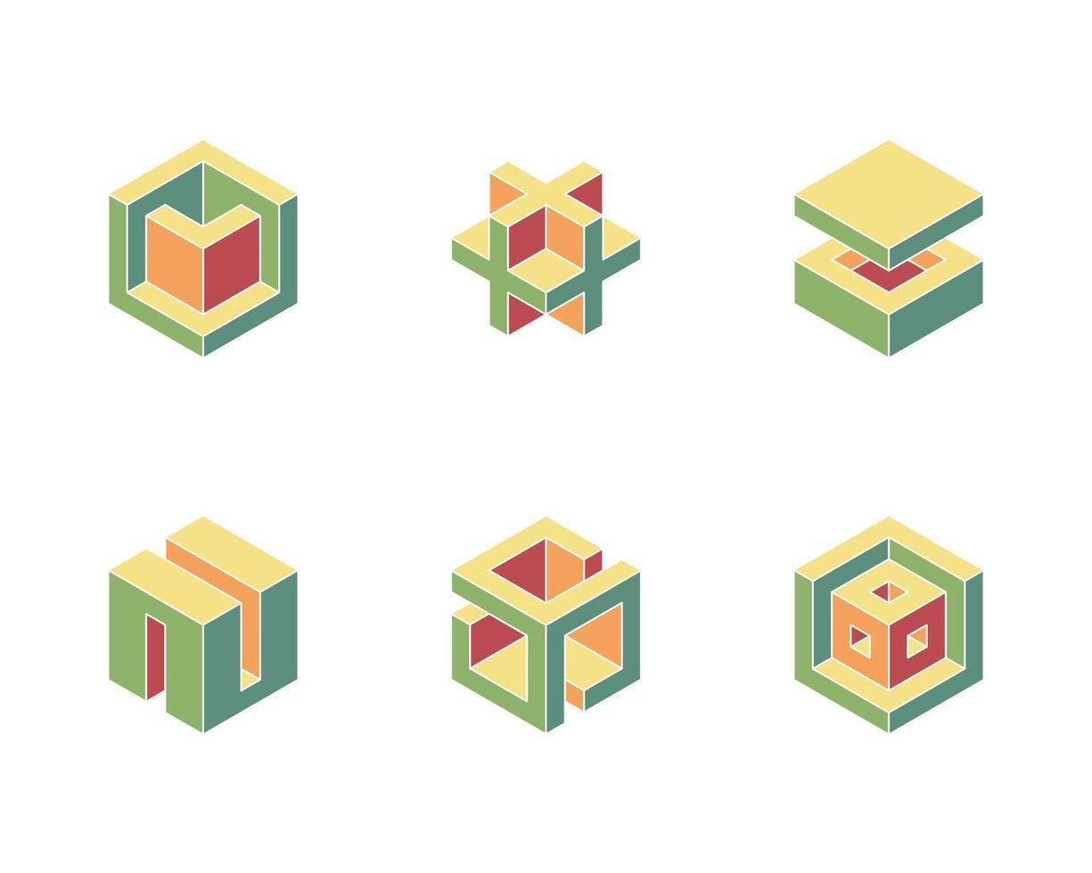 Six vibrant, isometric cube designs. Perfect for branding, app icons, or presentations needing a modern, geometric feel. vector