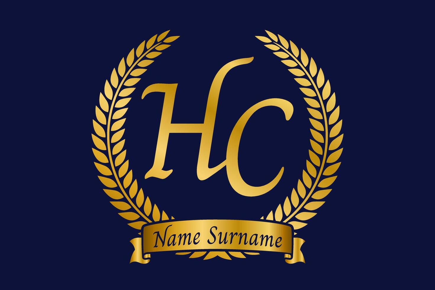 Initial letter H and C, HC monogram logo design with laurel wreath. Luxury golden calligraphy font. vector