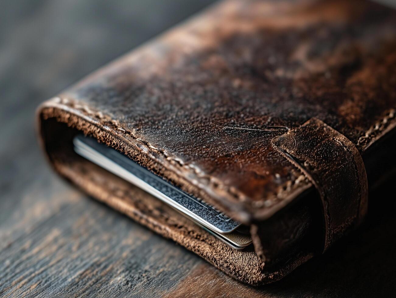 a leather wallet sitting on top of a wooden table photo