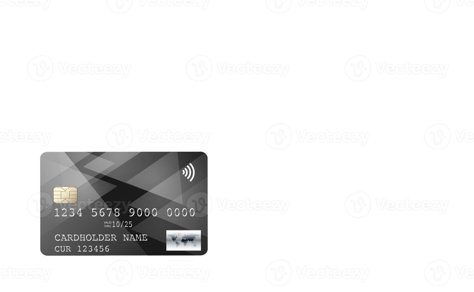Credit card with chip on white background. Black, glossy with designer pattern, plastic bank. copy space. photo