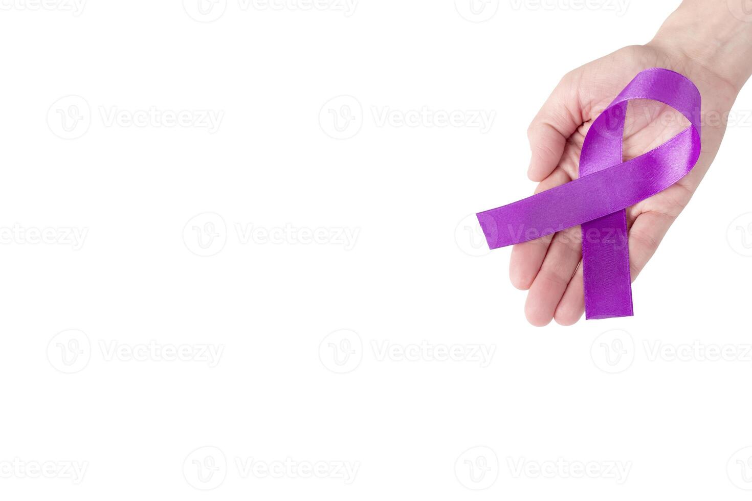 Purple satin ribbon on the palm of a woman, isolated on a white background. Cancer awareness symbol, epilepsy. copy space photo