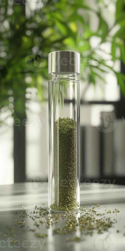 Moringa powder displayed in a glass container on a table photo