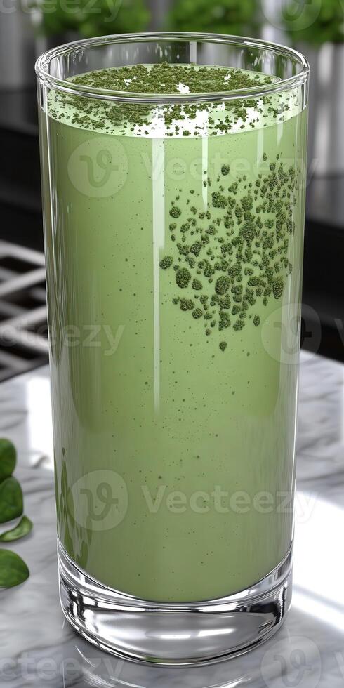 Moringa powder smoothie in a clear glass on a marble countertop photo